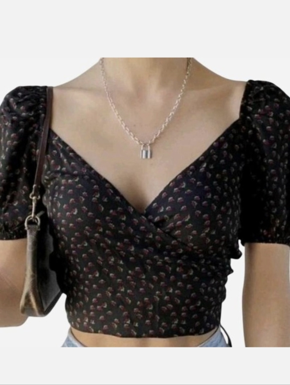 NWT Urban Outfitters Puff Sleeve Black Strawberry Print Top Romantic Small